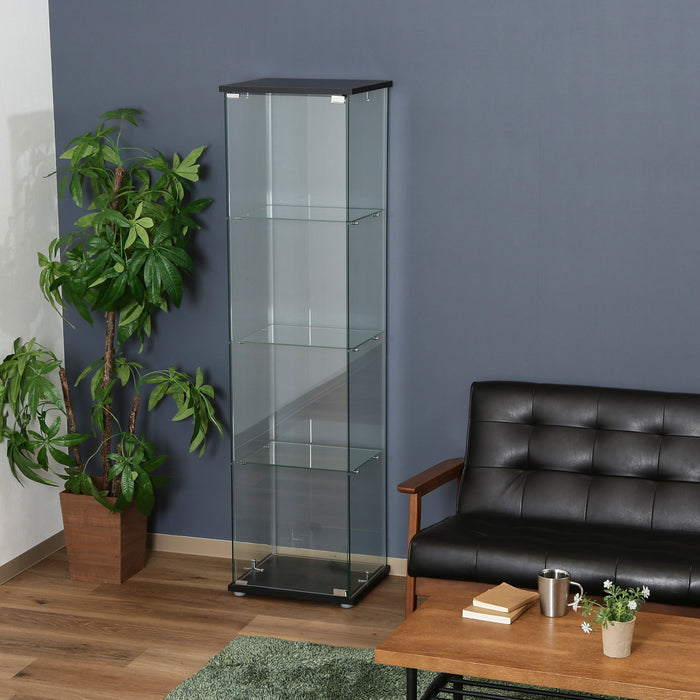【GLASS COLLECTION CASE - ガラコレ】 ガラスコレクションケース(クリア) ４段 フィギュアケース 強化ガラス 支柱なし 幅42.5cm×高162cm ブラック